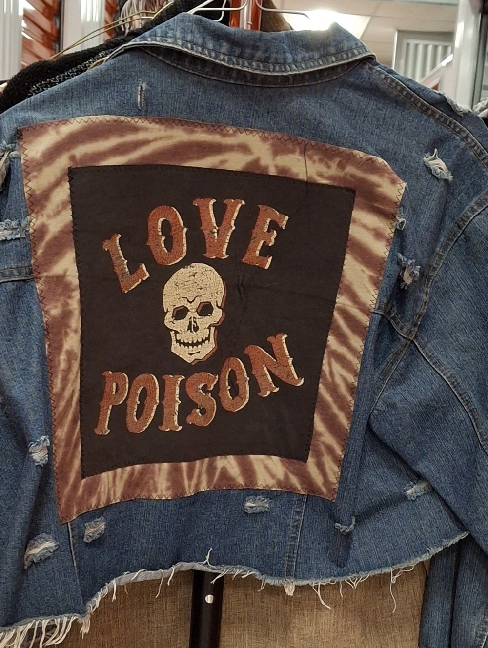 Upcycled Poison Highway Jeans Blue Denim Jacket with Tan Patch Size XL